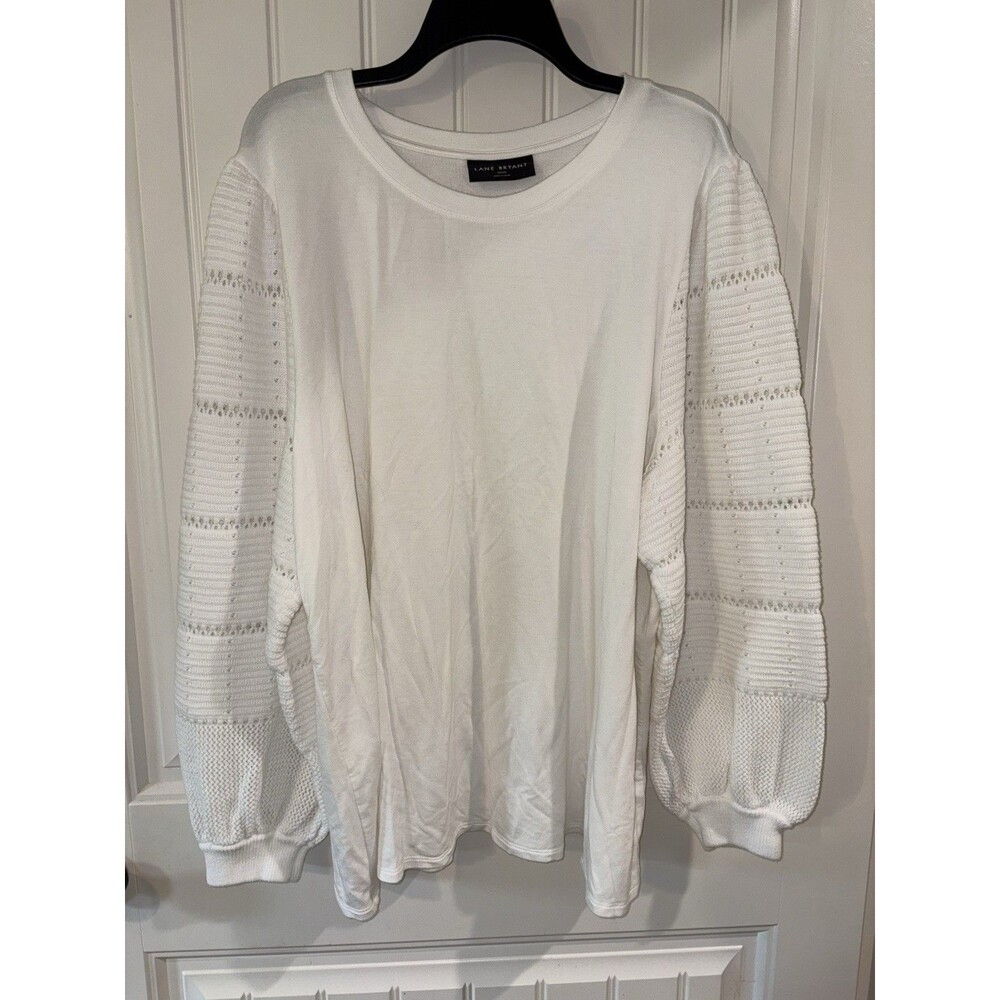 Lane Bryant Pointelle Sleeve Crew Neck Pullover White NWOT Plus Sz 26/28